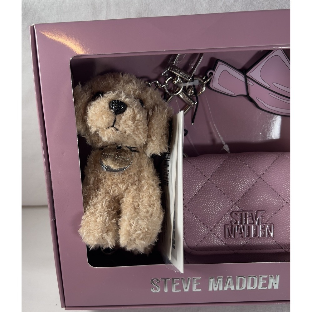 Steve Madden Bwren Card Case And Bag Charms‎ Dog Gift Set Cosmetic Pink Quilted - Picture 3 of 9